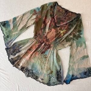 Mushka by Sienna Rose Floral Sheer Tunic Top Small Embroidered Boho Whimsy